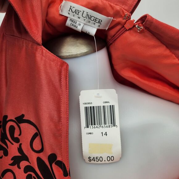 New Kay Unger Womens Midi Fit Flare Dress Coral Silk Blend Embellished Size 14 - Picture 5 of 6